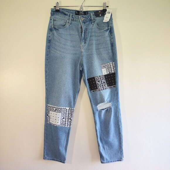 Hollister Women's High Rise Jeans - Light Blue with Black and White Patches - Picture 1 of 9